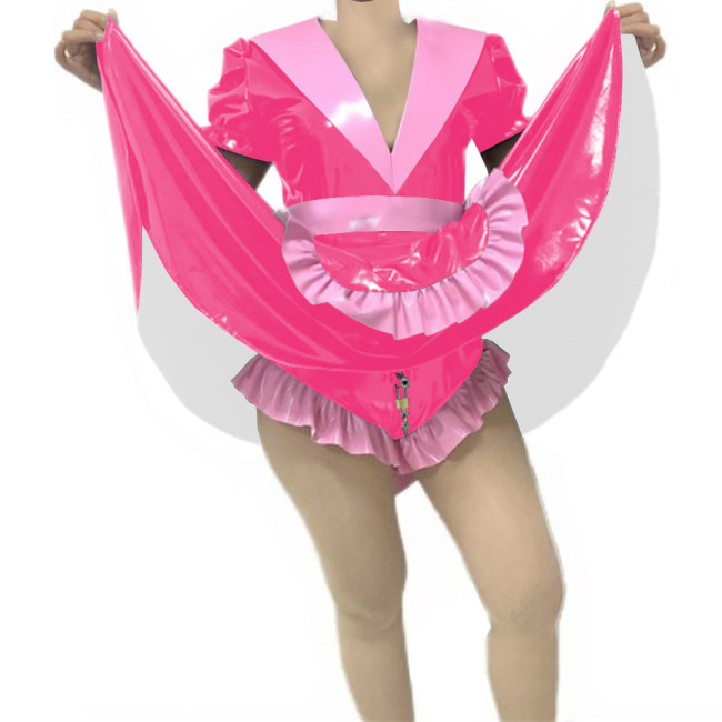 Adult Sissy Vinyl PVC Leather Skirted Bodysuit Deep V-neck Patchwork Pleated Maid Dresses Glossy Lockable Cosplay Maid Uniform