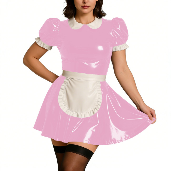Ladies Sweet Mini Maid Dress Wetlook PVC Leather Apron Maid Uniform Halloween Party Cosplay French Butler Cook Maid Fancy Dress