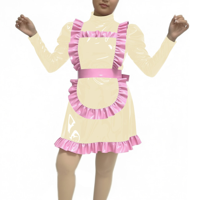 Adult Women Sexy PVC Faux Leather Maid Uniform Wetlook Long Sleeve A-line Maid Outfit Halloween Cosplay Party Fancy Maid Costume