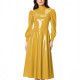 PVC Glossy Latex-look Midi Dress for Women High Neck Puff Long Sleeve Shiny Party Dress Gown Ladies Pleated Dresses Clubwear