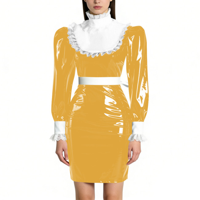 Womens Elegant Maid Pencil Dress Ruffles Collar PVC Shiny Slim Dress for Waiter Party Cosplay Costume Sissy Wetlook Maid Outfits