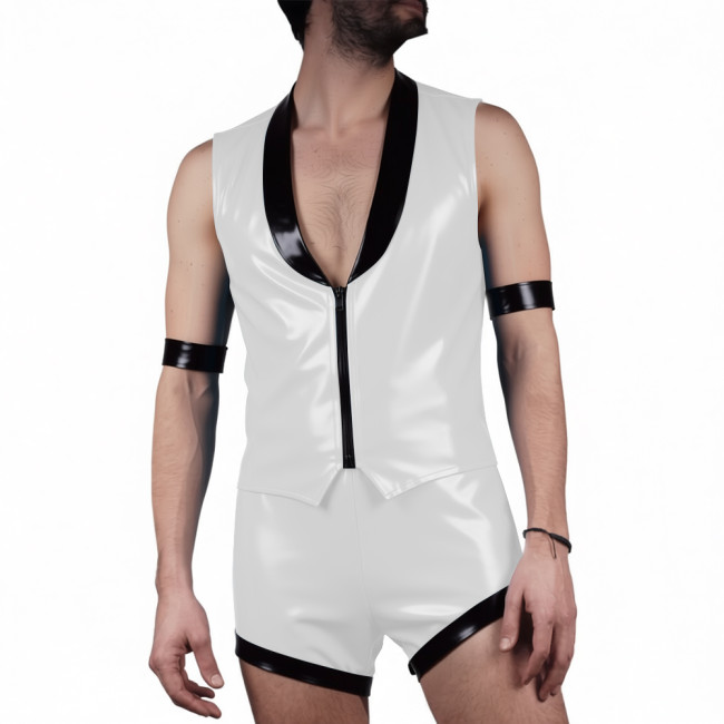Mens Glossy PVC Leather Club Two-piece Outfit Wetlook Lapel Collar Sleeveless Jackets High Waist Shorts for Party Nightclub Wear