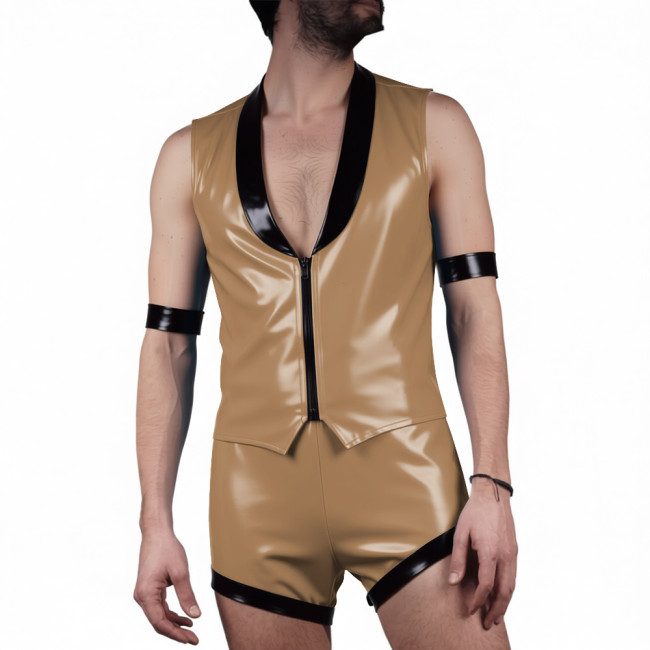 Mens Glossy PVC Leather Club Two-piece Outfit Wetlook Lapel Collar Sleeveless Jackets High Waist Shorts for Party Nightclub Wear