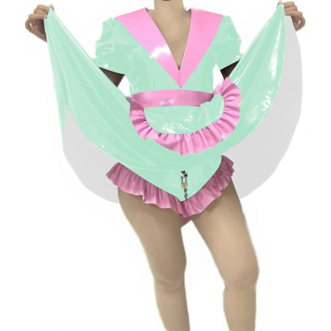 Adult Sissy Vinyl PVC Leather Skirted Bodysuit Deep V-neck Patchwork Pleated Maid Dresses Glossy Lockable Cosplay Maid Uniform