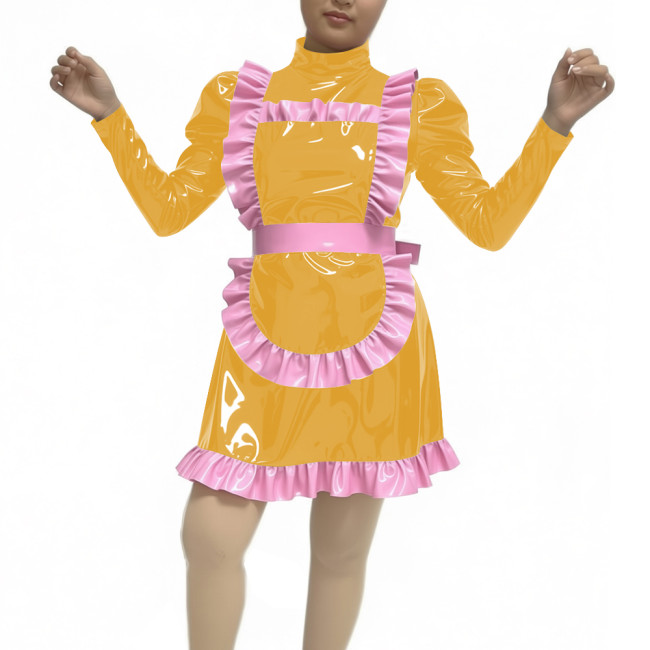 Adult Women Sexy PVC Faux Leather Maid Uniform Wetlook Long Sleeve A-line Maid Outfit Halloween Cosplay Party Fancy Maid Costume