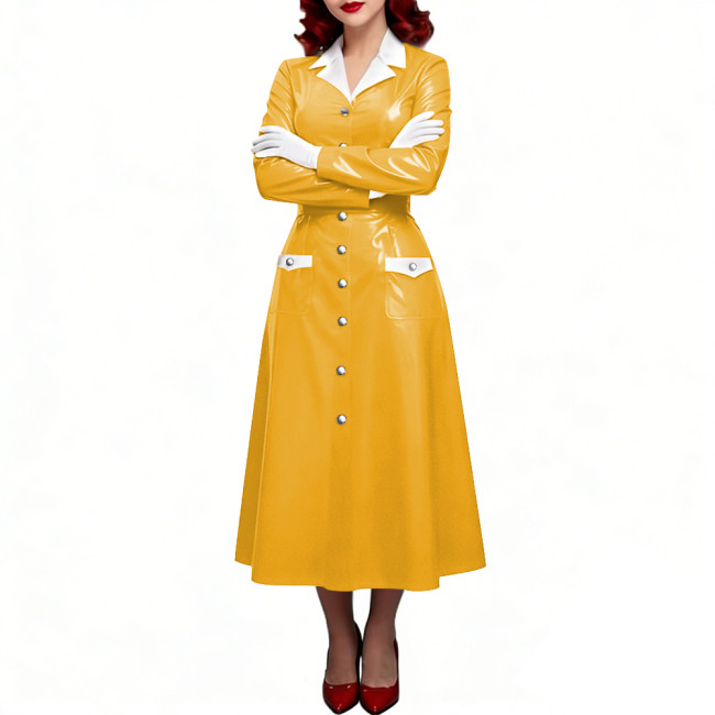 PVC Shiny Leather Single-breasted Nurse Dresses Turn-down Collar A-line Nurse Uniforms Halloween Doctor Nurse Cosplay Costume