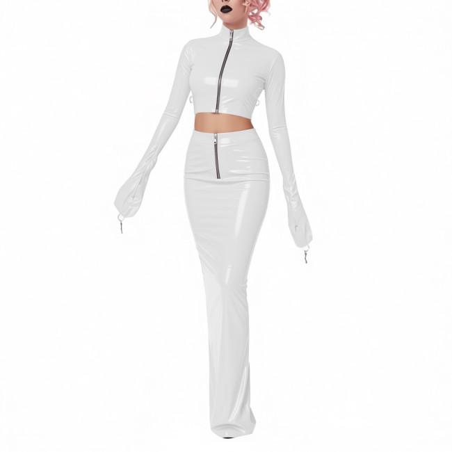 Exotic Shiny Latex-look 2-Piece Set PVC Leather Zipper Full Sleeve Crop Jacket High-Waisted Maxi Skirt Womens Club Party Outfit
