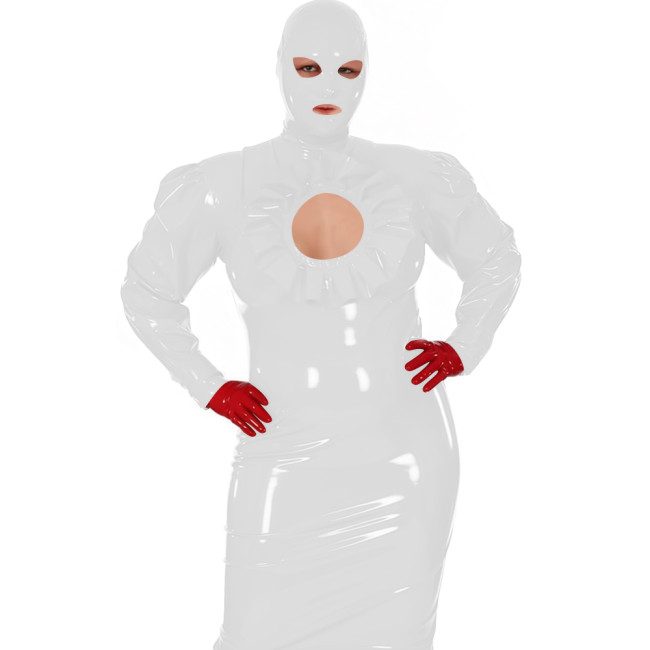 Latex-look PVC Maxi Dress for Women Glossy Long-Sleeve Bodycon Gown with Ruffle Cutout Sexy Club Party Shiny Erotic Hooded Dress