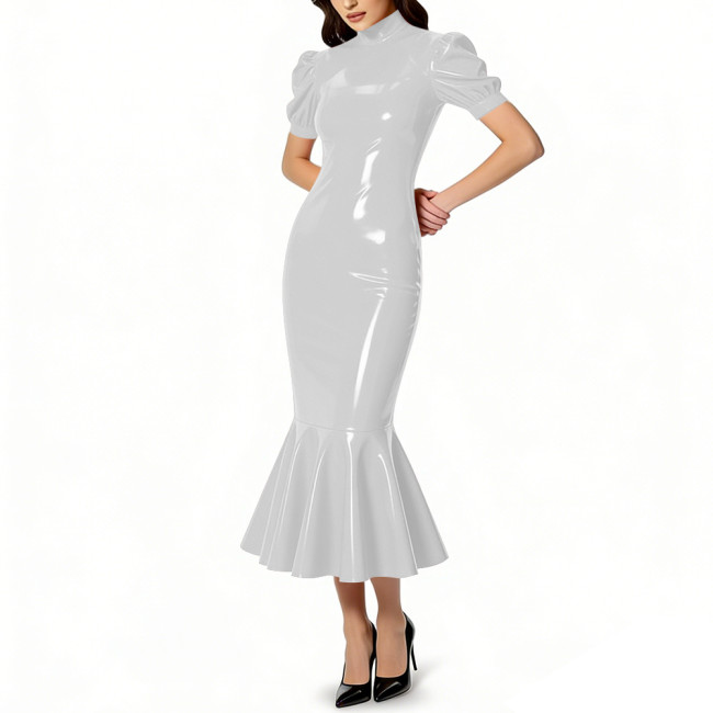 Glossy PVC Leather Turtleneck Midi Mermaid Dress for Womens Shiny Elegant Party Formal Flared Hem Dresses Gown Female Vestidos