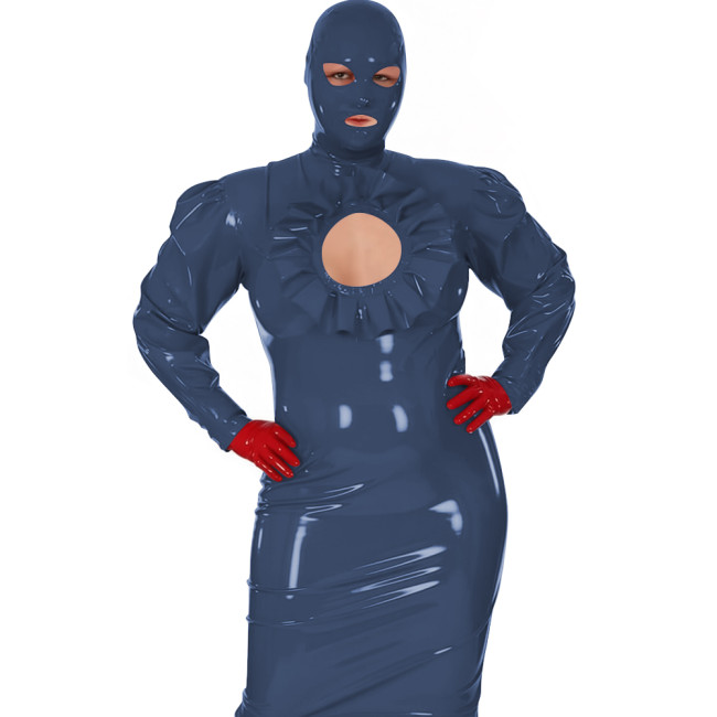 Latex-look PVC Maxi Dress for Women Glossy Long-Sleeve Bodycon Gown with Ruffle Cutout Sexy Club Party Shiny Erotic Hooded Dress