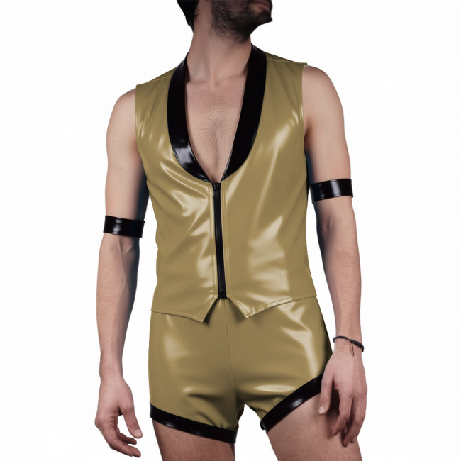 Mens Glossy PVC Leather Club Two-piece Outfit Wetlook Lapel Collar Sleeveless Jackets High Waist Shorts for Party Nightclub Wear