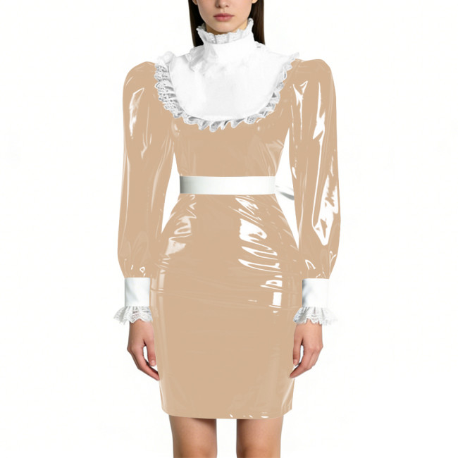 Womens Elegant Maid Pencil Dress Ruffles Collar PVC Shiny Slim Dress for Waiter Party Cosplay Costume Sissy Wetlook Maid Outfits