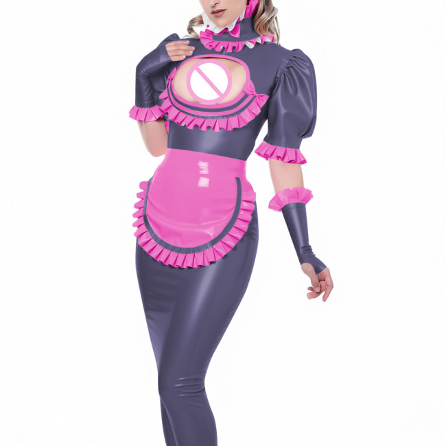 Sexy Vinyl PVC Leather Bodycon Long Maid Dress with Ruffles Collar Hollow Matching Gloves Sissy Fetish Party Cosplay Maid Outfit