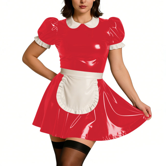 Ladies Sweet Mini Maid Dress Wetlook PVC Leather Apron Maid Uniform Halloween Party Cosplay French Butler Cook Maid Fancy Dress
