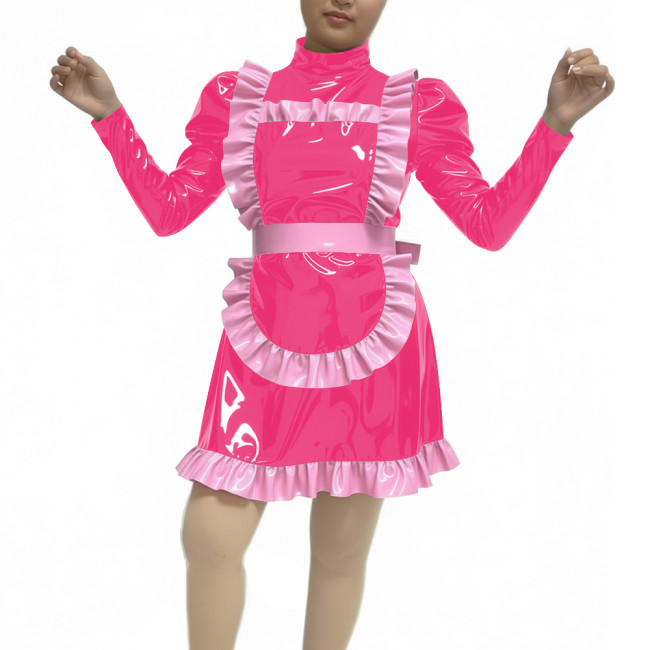Adult Women Sexy PVC Faux Leather Maid Uniform Wetlook Long Sleeve A-line Maid Outfit Halloween Cosplay Party Fancy Maid Costume
