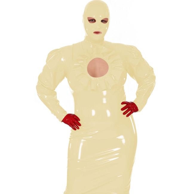 Latex-look PVC Maxi Dress for Women Glossy Long-Sleeve Bodycon Gown with Ruffle Cutout Sexy Club Party Shiny Erotic Hooded Dress