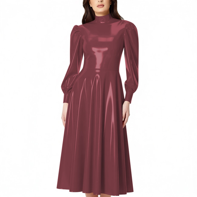 PVC Glossy Latex-look Midi Dress for Women High Neck Puff Long Sleeve Shiny Party Dress Gown Ladies Pleated Dresses Clubwear