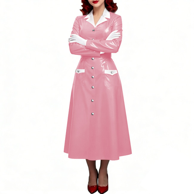 PVC Shiny Leather Single-breasted Nurse Dresses Turn-down Collar A-line Nurse Uniforms Halloween Doctor Nurse Cosplay Costume