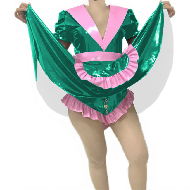 Adult Sissy Vinyl PVC Leather Skirted Bodysuit Deep V-neck Patchwork Pleated Maid Dresses Glossy Lockable Cosplay Maid Uniform