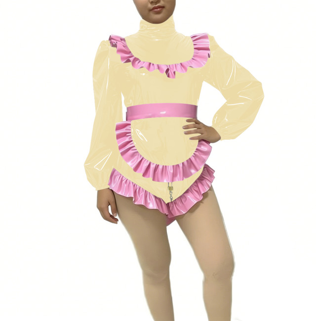 Sissy Lockable Halloween Maid Bodysuit with Ruffles Apron Long Sleeve High Neck PVC Glossy Leather Maid Rompers Cosplay Outfits