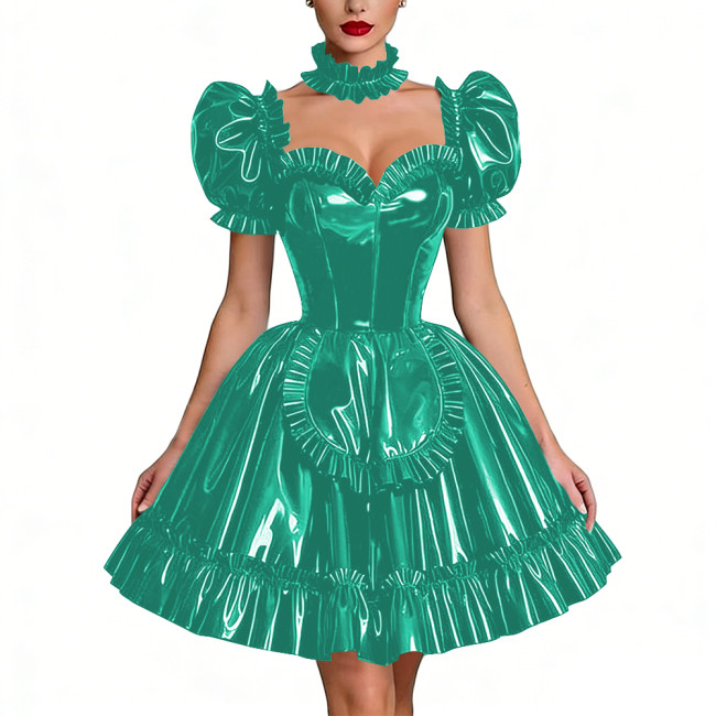 Glossy Latex-look Sissy Maid Dress French Pleated Maid Prom Dress Outfits Halloween PVC Leather Puff Sleeve Apron Party Dresses