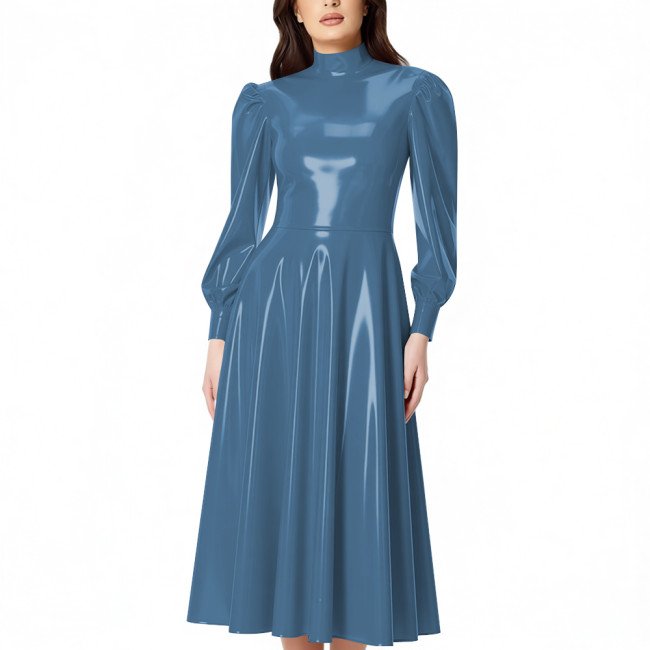 PVC Glossy Latex-look Midi Dress for Women High Neck Puff Long Sleeve Shiny Party Dress Gown Ladies Pleated Dresses Clubwear