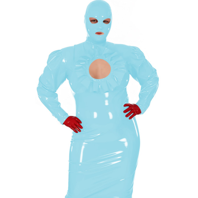 Latex-look PVC Maxi Dress for Women Glossy Long-Sleeve Bodycon Gown with Ruffle Cutout Sexy Club Party Shiny Erotic Hooded Dress