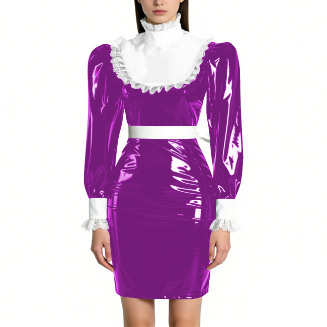Womens Elegant Maid Pencil Dress Ruffles Collar PVC Shiny Slim Dress for Waiter Party Cosplay Costume Sissy Wetlook Maid Outfits