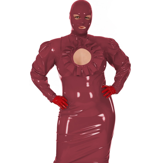Latex-look PVC Maxi Dress for Women Glossy Long-Sleeve Bodycon Gown with Ruffle Cutout Sexy Club Party Shiny Erotic Hooded Dress