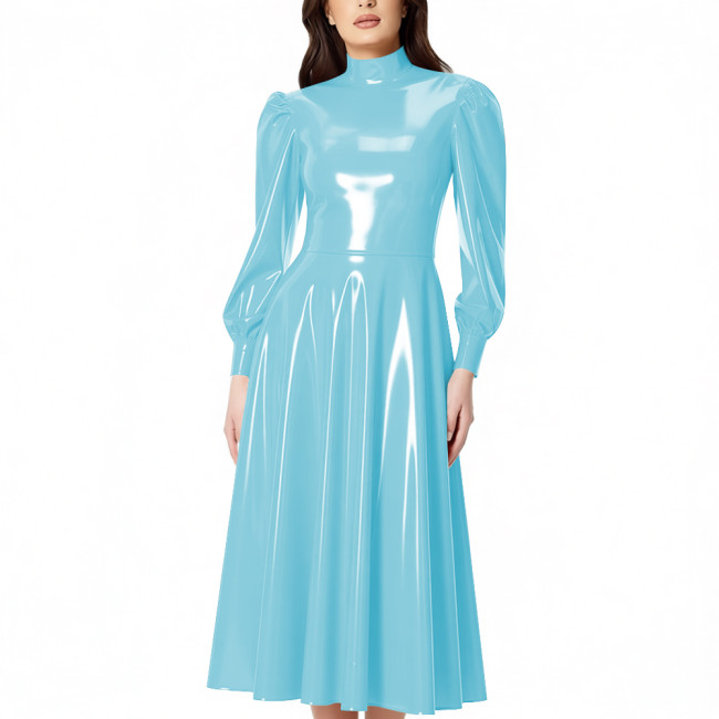 PVC Glossy Latex-look Midi Dress for Women High Neck Puff Long Sleeve Shiny Party Dress Gown Ladies Pleated Dresses Clubwear