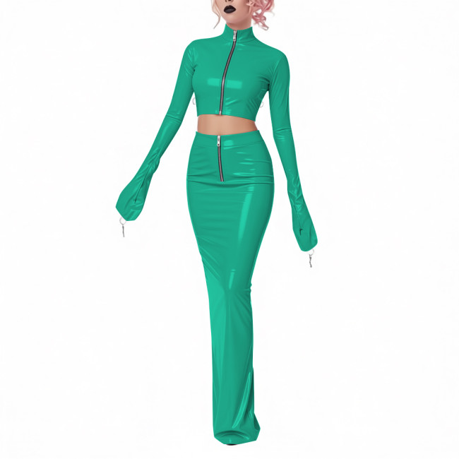 Exotic Shiny Latex-look 2-Piece Set PVC Leather Zipper Full Sleeve Crop Jacket High-Waisted Maxi Skirt Womens Club Party Outfit