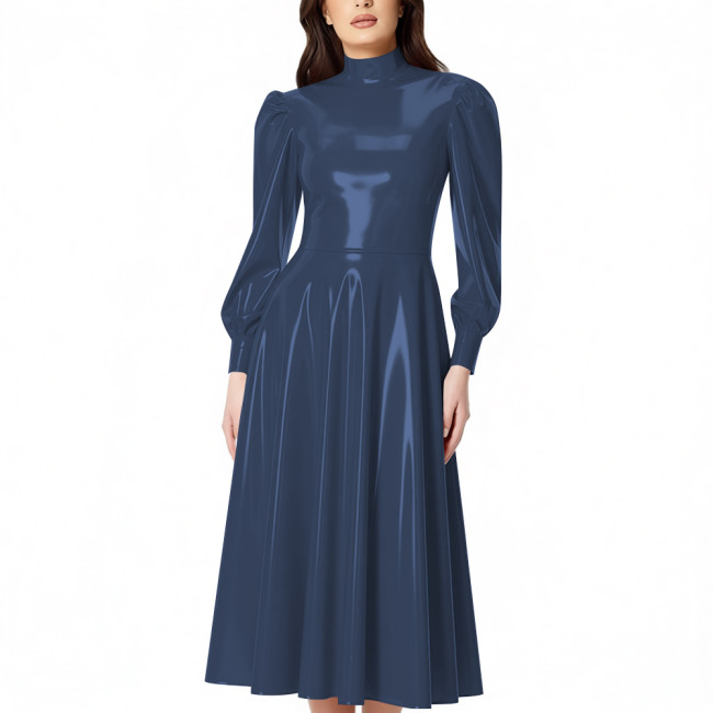 PVC Glossy Latex-look Midi Dress for Women High Neck Puff Long Sleeve Shiny Party Dress Gown Ladies Pleated Dresses Clubwear