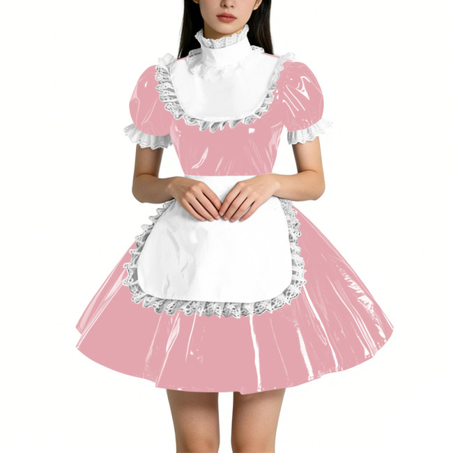 Sweet Vinyl PVC Leather Ruffles High Collar Mini Maid Dress Outfits Womens Puff Sleeve A-line Pleated Maid Uniform Crossdresser