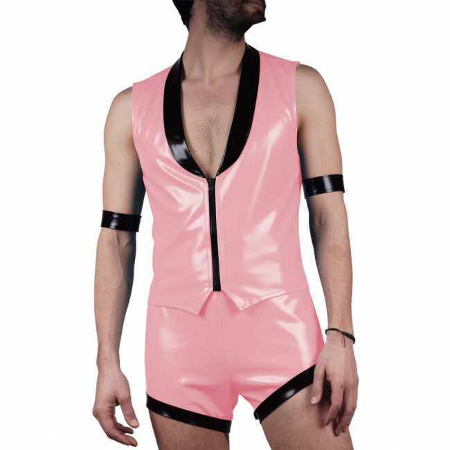 Mens Glossy PVC Leather Club Two-piece Outfit Wetlook Lapel Collar Sleeveless Jackets High Waist Shorts for Party Nightclub Wear