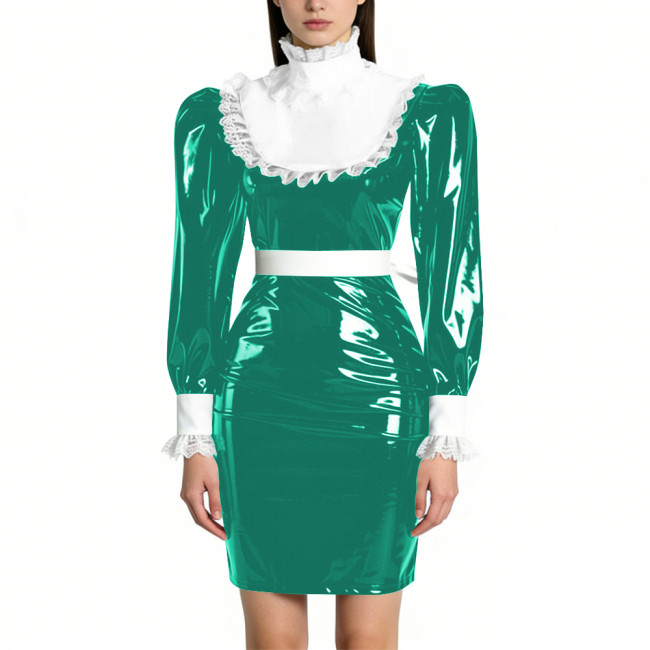 Womens Elegant Maid Pencil Dress Ruffles Collar PVC Shiny Slim Dress for Waiter Party Cosplay Costume Sissy Wetlook Maid Outfits