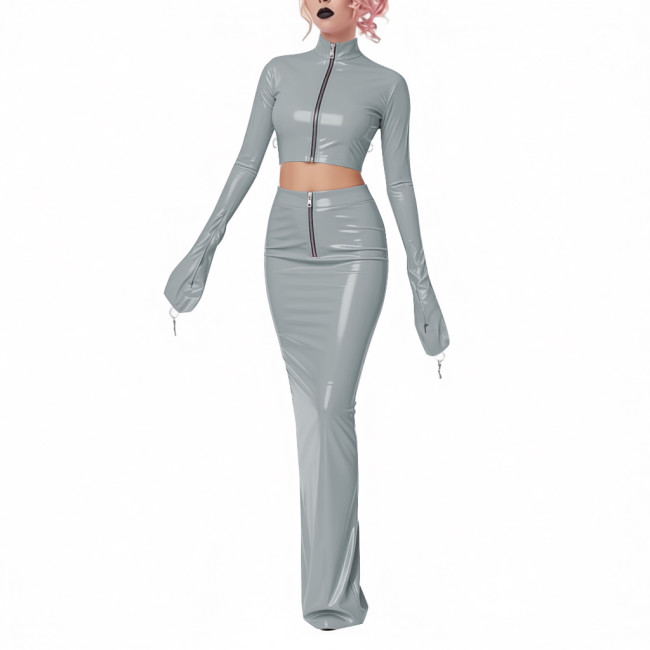 Exotic Shiny Latex-look 2-Piece Set PVC Leather Zipper Full Sleeve Crop Jacket High-Waisted Maxi Skirt Womens Club Party Outfit