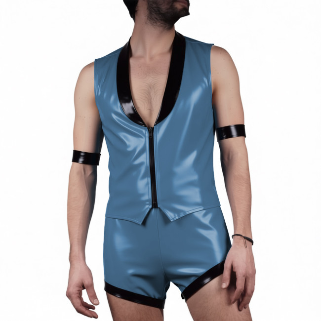 Mens Glossy PVC Leather Club Two-piece Outfit Wetlook Lapel Collar Sleeveless Jackets High Waist Shorts for Party Nightclub Wear