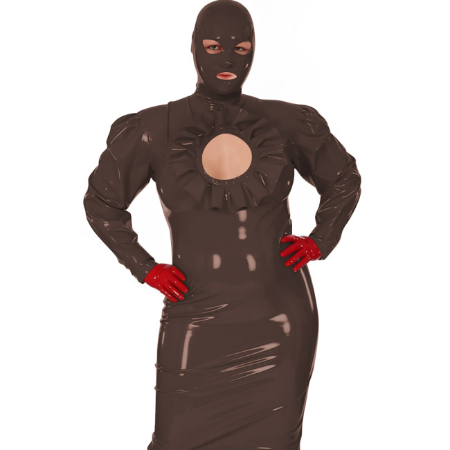 Latex-look PVC Maxi Dress for Women Glossy Long-Sleeve Bodycon Gown with Ruffle Cutout Sexy Club Party Shiny Erotic Hooded Dress