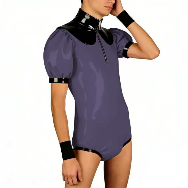 Club Glossy Latex-look Bodysuit for Men Zipper Stand Collar Puff Short Sleeve Shiny PVC Romper Fetish Patchwork Clubwear Costume