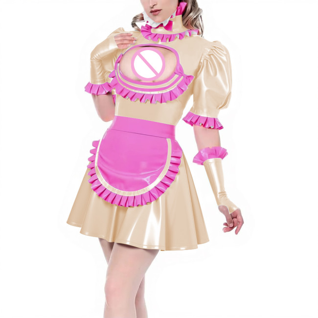 Sissy Puff Short Sleeve Pleated A-line Maid Dress with Ruffles Apron Gloves Latex-look PVC Leather Party Cosplay Maid Uniforms