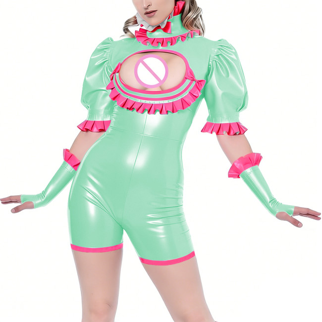 Sissy Sexy PVC Shiny Leather Bodysuit Sets Adult Ruffles Collar Exotic Hollow Romper with Gloves Wetlook Nightclub Stage Outfit