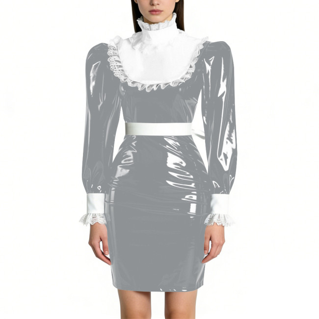 Womens Elegant Maid Pencil Dress Ruffles Collar PVC Shiny Slim Dress for Waiter Party Cosplay Costume Sissy Wetlook Maid Outfits