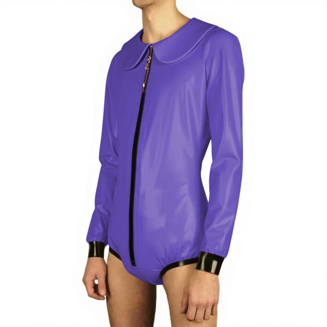 Mens Sissy Vinyl PVC Leather Babydoll Collar Bodysuit Long Sleeve Zipper Front Crossdresser Rompers Raves Party Coslay Catsuit