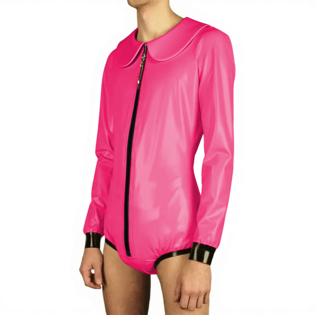 Mens Sissy Vinyl PVC Leather Babydoll Collar Bodysuit Long Sleeve Zipper Front Crossdresser Rompers Raves Party Coslay Catsuit