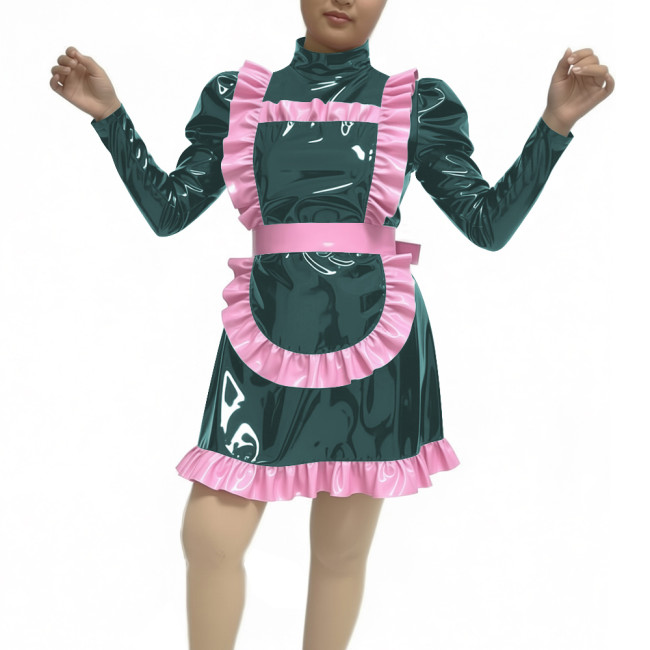 Adult Women Sexy PVC Faux Leather Maid Uniform Wetlook Long Sleeve A-line Maid Outfit Halloween Cosplay Party Fancy Maid Costume