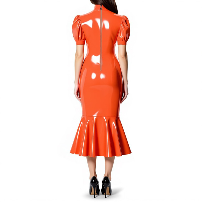 Glossy PVC Leather Turtleneck Midi Mermaid Dress for Womens Shiny Elegant Party Formal Flared Hem Dresses Gown Female Vestidos