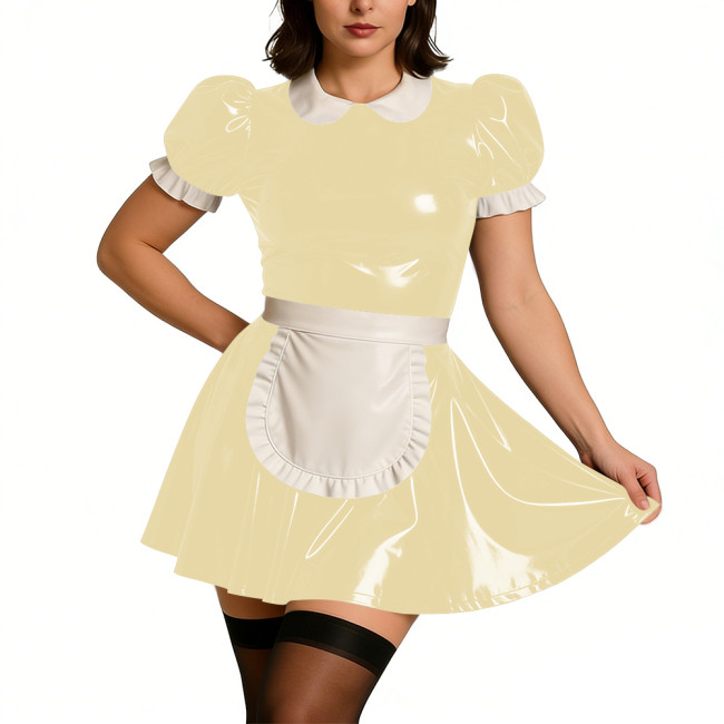 Ladies Sweet Mini Maid Dress Wetlook PVC Leather Apron Maid Uniform Halloween Party Cosplay French Butler Cook Maid Fancy Dress
