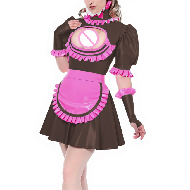 Sissy Puff Short Sleeve Pleated A-line Maid Dress with Ruffles Apron Gloves Latex-look PVC Leather Party Cosplay Maid Uniforms