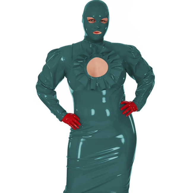 Latex-look PVC Maxi Dress for Women Glossy Long-Sleeve Bodycon Gown with Ruffle Cutout Sexy Club Party Shiny Erotic Hooded Dress