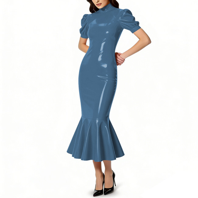 Glossy PVC Leather Turtleneck Midi Mermaid Dress for Womens Shiny Elegant Party Formal Flared Hem Dresses Gown Female Vestidos